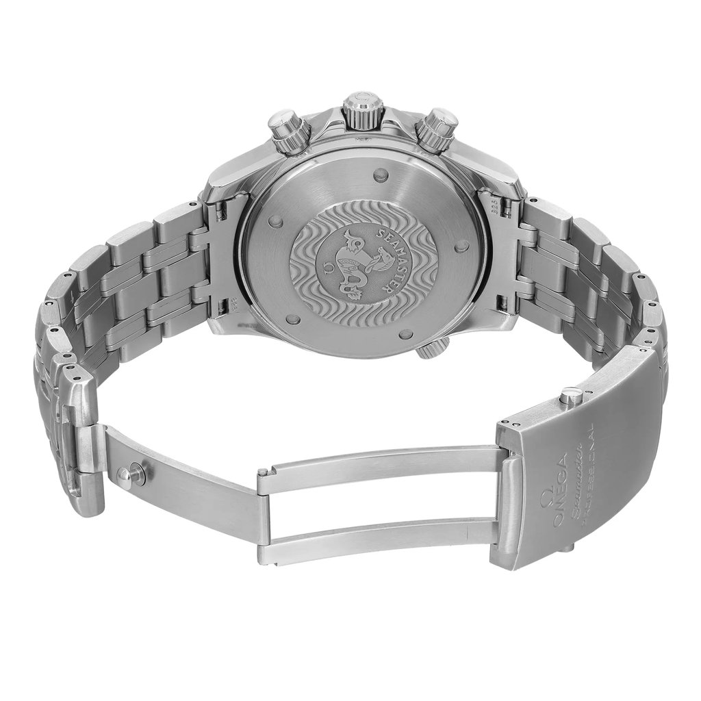 An image of a pre-owned OMEGA men's wristwatch, viewed from the back with an open clasp. The stainless steel caseback features a screwback design with the OMEGA seahorse emblem engraved in the center. The round watch shape is visible from a slight angle, highlighting the edges of the case. The stainless steel band shows minor signs of wear and is partially extended, displaying the fold-over clasp with double push-button release. The image is taken from a close distance, providing a clear view of the watch's condition and details.