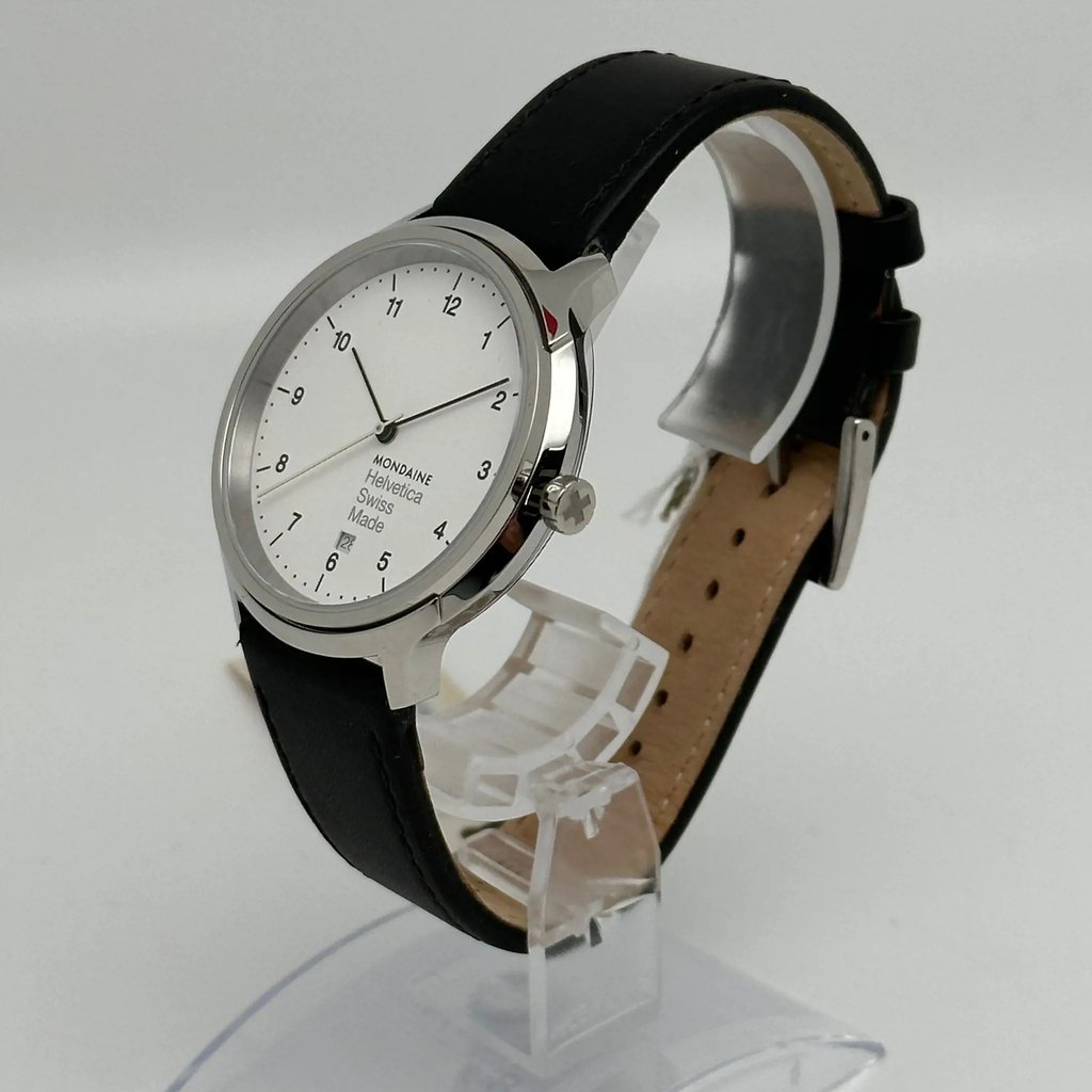 View Of Crown Facing Side Of Mondaine MH1.R2210.LB Stainless Steel Watch Display Model Condition