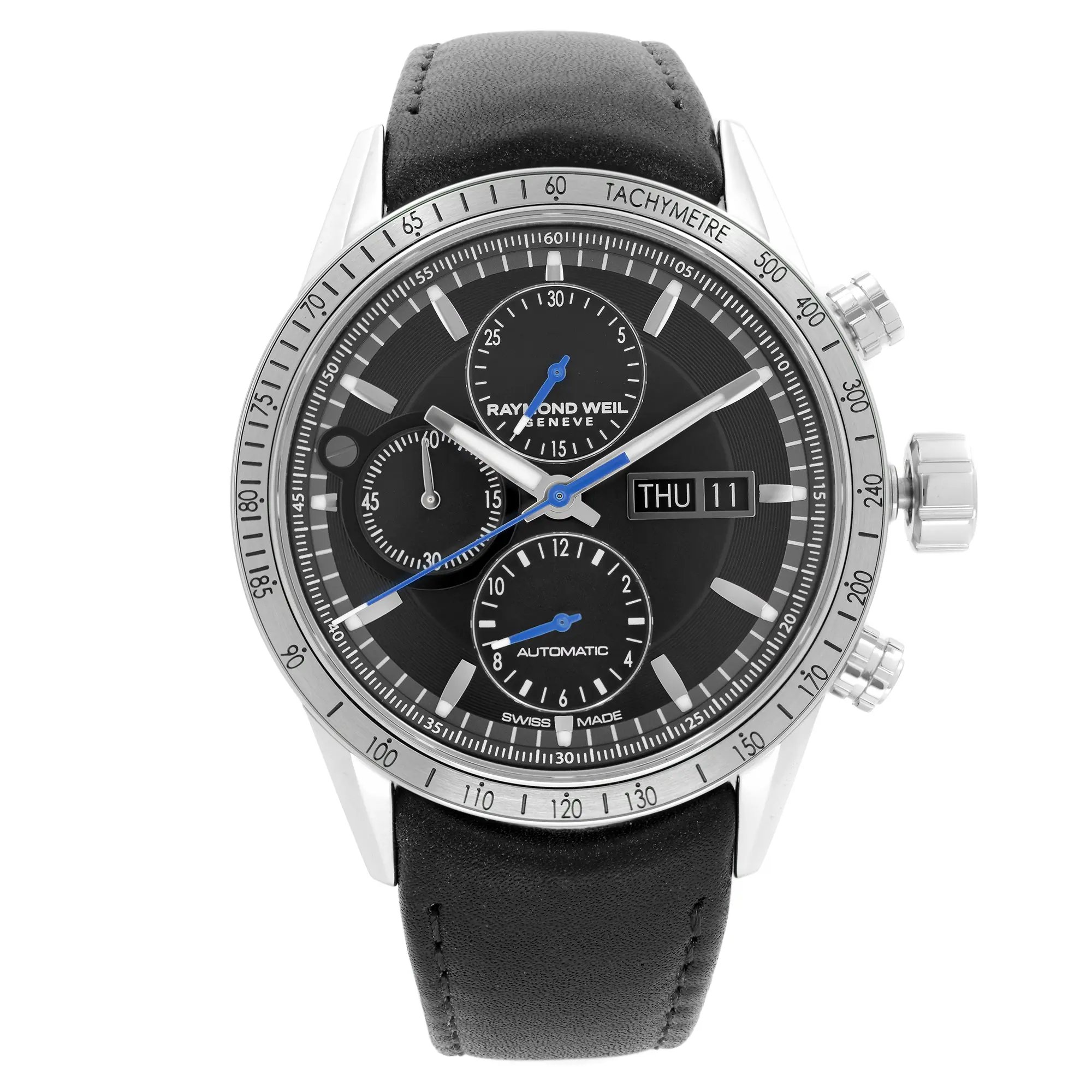 An image of a Wristwatch by RAYMOND WEIL. This Display Model item is designed for Men, featuring a Dress/Formal style. It has a Mechanical (Automatic) movement and an Analog display with a Gray dial color. The indices include 12-Hour Dial,Multi Dial,Non-Numeric Hour Marks. The band is made of Leather and the case is made of Stainless Steel. The watch has a Round shape with a case size of 42 mm and a case thickness of 14 mm.