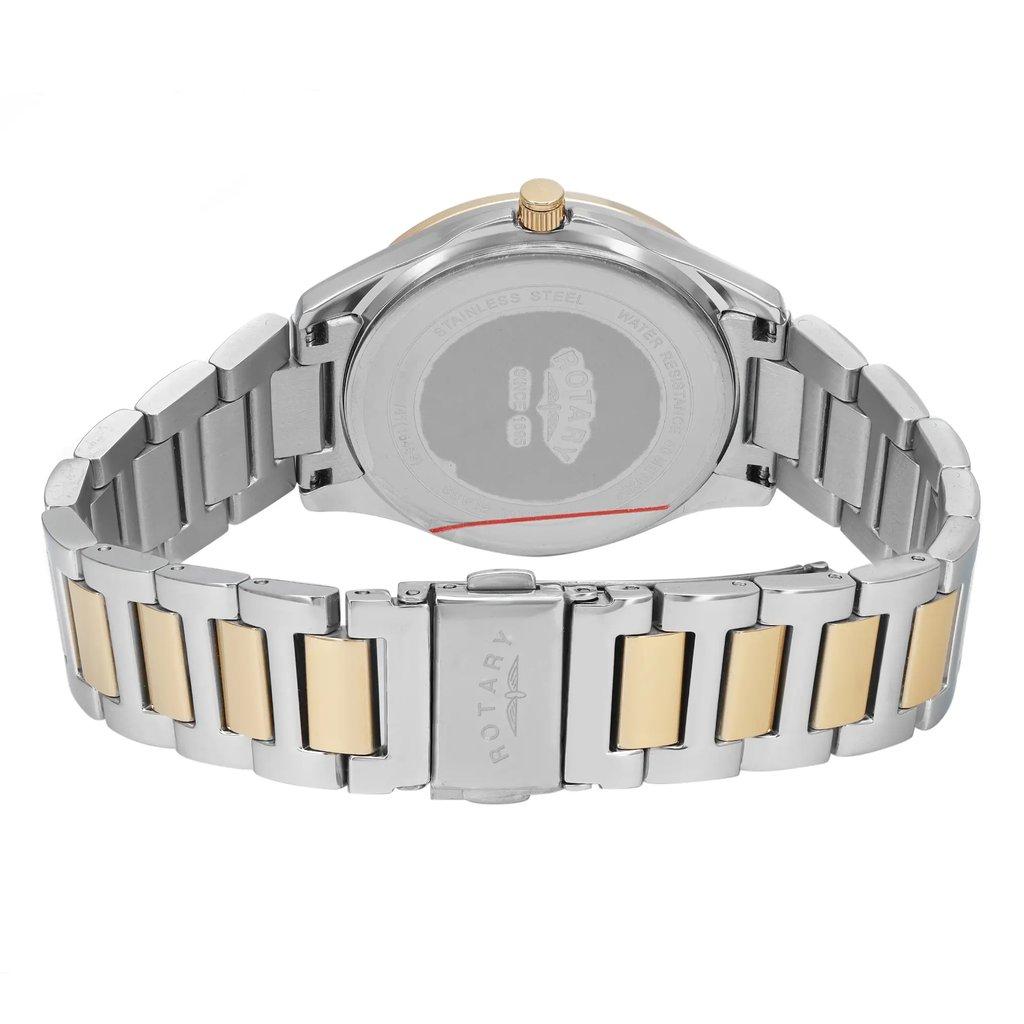 Back View Of Snap Back Case And Closed Stainless Steel Band Of Rotary LB00066/41 Watch Unworn Condition