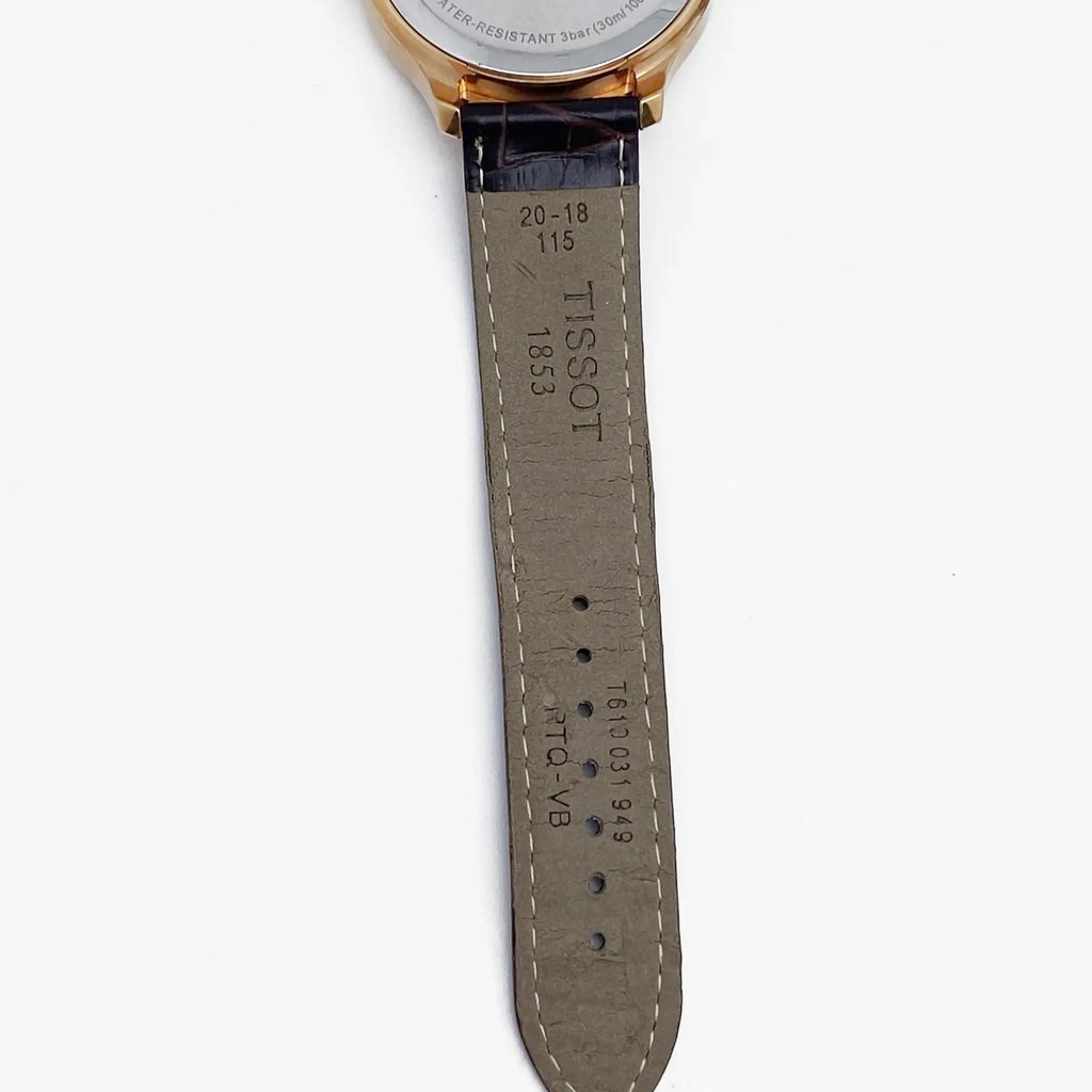 Back View Of Snap Back Case And Open Leather Band Of Tissot T063.639.36.037.00 Watch Pre Owned Condition