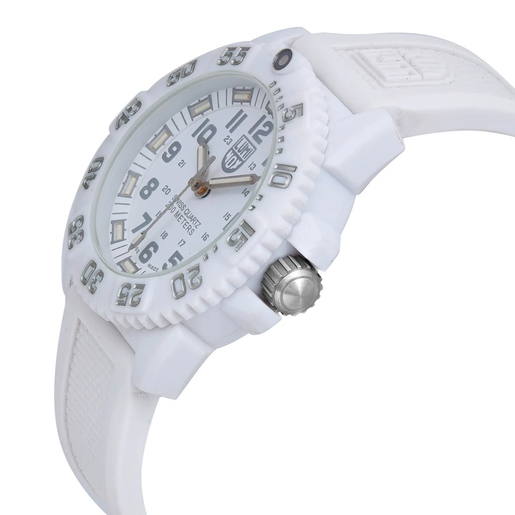 An image of a Wristwatch by Luminox. This Display Model item is designed for Women, featuring a Casual,Diver style. It has a Quartz movement and an Analog display with a White dial color. The indices include 12-Hour Dial,Arabic Numerals,Easy to Read/Large Numerals. The band is made of Silicone and the case is made of Fiberglass. The watch has a Round shape with a case size of 38 mm and a case thickness of 12 mm.