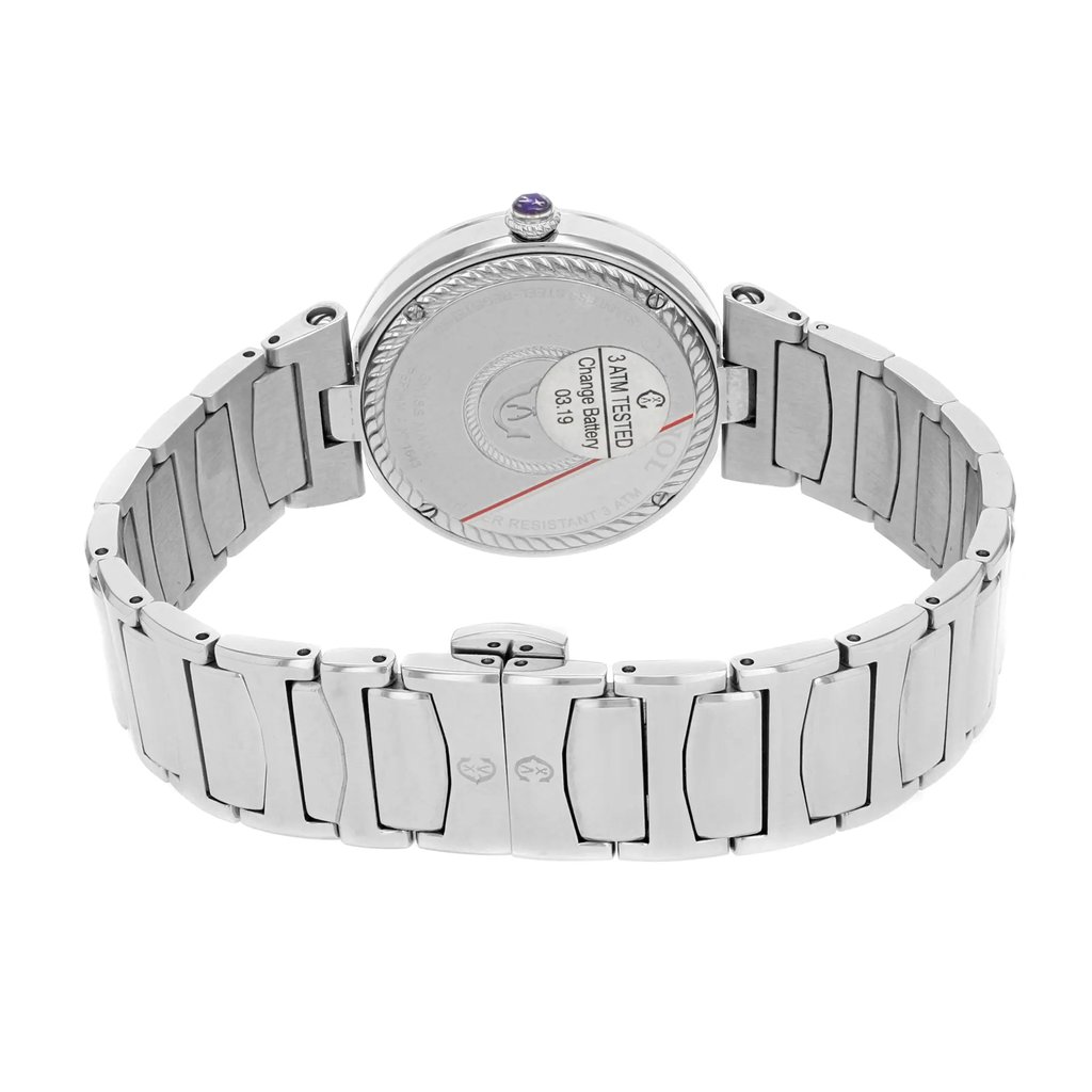 An image of a wristwatch taken from the back view, displaying the closed clasp. The watch is positioned centrally, with a focus on the metal bracelet and the circular back of the watch case. The angle is straight on, highlighting the detailed engravings and markings on the back. The distance is close enough to show the texture and links of the bracelet clearly. This is a display model.