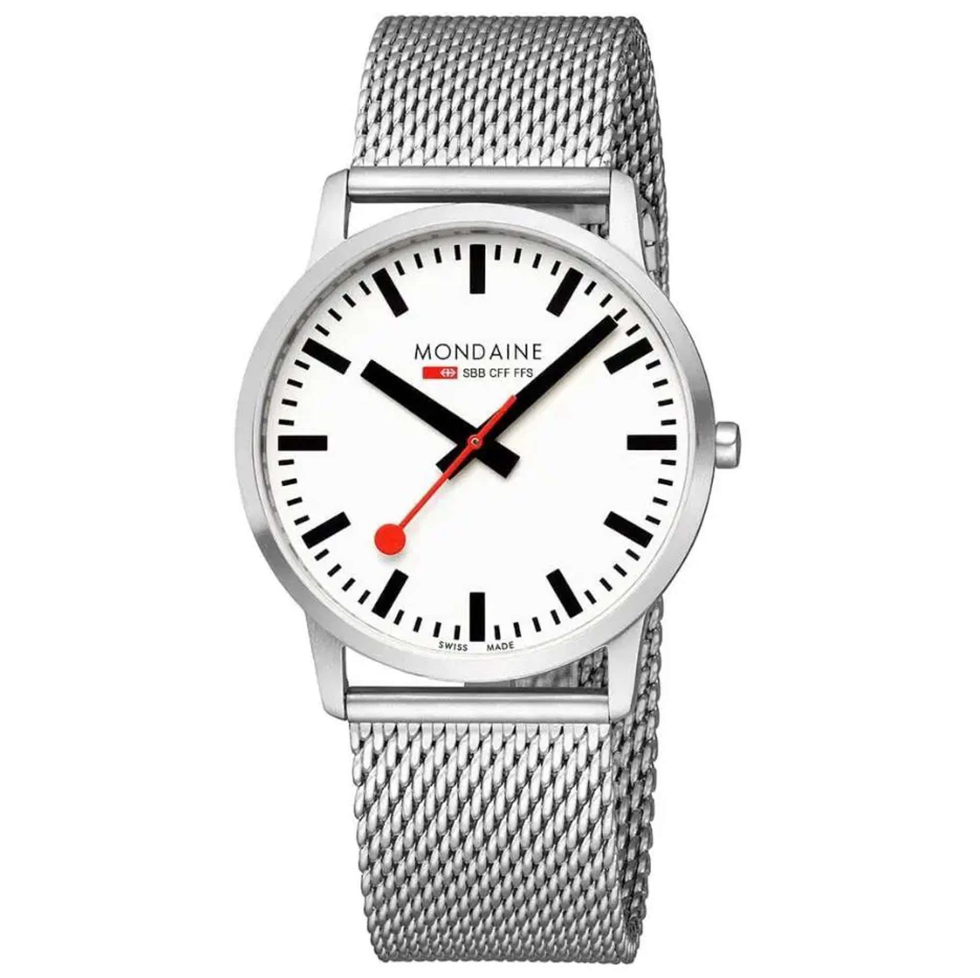 An image of a Wristwatch by Mondain. This New With Defects item is designed for Men, featuring a Casual style. It has a Quartz movement and an Analog display with a White dial color. The indices include 12-Hour Dial,Non-Numeric Hour Marks,Stick Indexes. The band is made of Stainless Steel and the case is made of Stainless Steel. The watch has a Round shape with a case size of 35 mm and a case thickness of 7 mm.