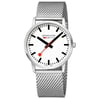 An image of a Wristwatch by Mondain. This New With Defects item is designed for Men, featuring a Casual style. It has a Quartz movement and an Analog display with a White dial color. The indices include 12-Hour Dial,Non-Numeric Hour Marks,Stick Indexes. The band is made of Stainless Steel and the case is made of Stainless Steel. The watch has a Round shape with a case size of 35 mm and a case thickness of 7 mm.