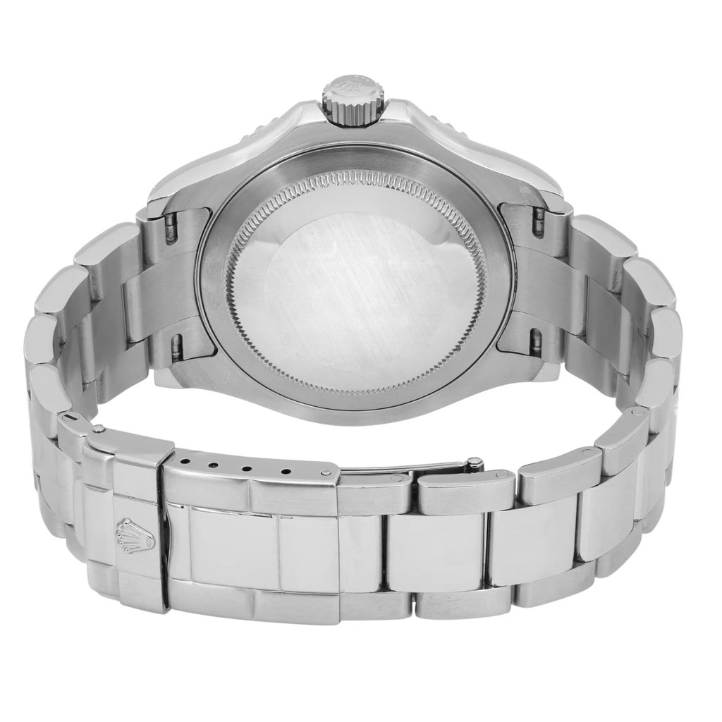 An image of a pre-owned wristwatch showcasing the back view. The focus is on the closed clasp and the stainless steel bracelet, with the watch positioned centrally. The angle is straight on, providing a clear view of the bracelet links and the back of the watch case. The photo is taken at a close distance, highlighting the metallic finish and details of the clasp.
