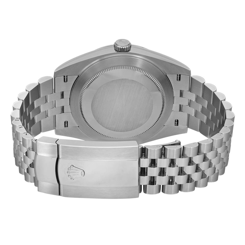 An image of an unworn men's Rolex wristwatch, showcasing the back view with a closed clasp. The stainless steel screwback case is positioned in the center with a round shape visible, and the stainless steel band extends to both sides with a fold-over clasp visible on the lower side of the image. The watch is photographed at a straight angle with a close-up distance, highlighting the pristine condition and fine details of the metal surfaces.