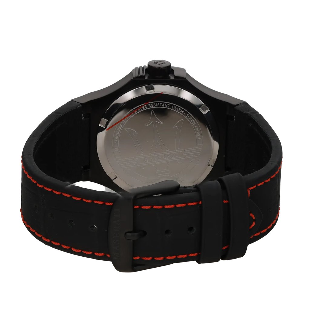 An image of a Wristwatch by Maserati. This Unworn item is designed for Men, featuring a Dress/Formal style. It has a Quartz movement and an Analog display with a Black dial color. The indices include 12-Hour Dial,Baton Indexes. The band is made of Leather and the case is made of Stainless Steel. The watch has a Round shape with a case size of 42 mm and a case thickness of 11 mm.
