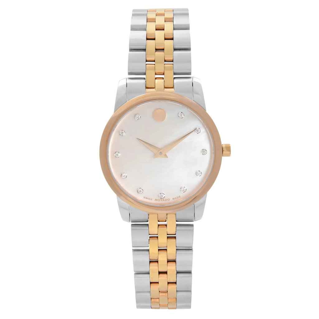 An image of a pre-owned wristwatch taken from a full frontal view. The watch features a round face with a gold-tone bezel and a mother-of-pearl dial adorned with small diamond markers. The hands are sleek and minimalistic. The bracelet is a combination of gold and silver links, adding to its elegant design. The image is centered and taken from a close distance, highlighting the watch's details.