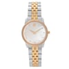 An image of a pre-owned wristwatch taken from a full frontal view. The watch features a round face with a gold-tone bezel and a mother-of-pearl dial adorned with small diamond markers. The hands are sleek and minimalistic. The bracelet is a combination of gold and silver links, adding to its elegant design. The image is centered and taken from a close distance, highlighting the watch's details.