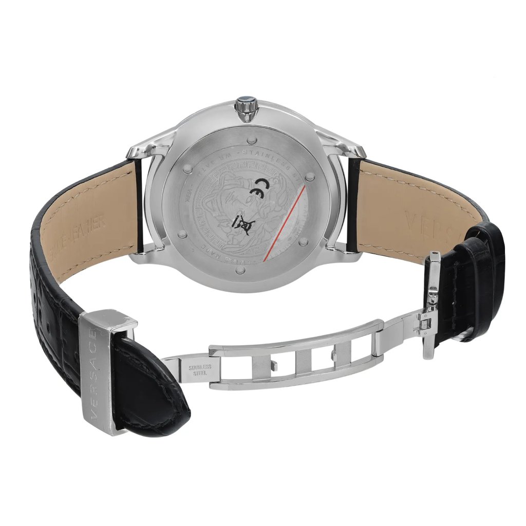 Back View Of Screwback Back Case And Open Leather Band Of Versace VEBK00918 Watch Display Model Condition