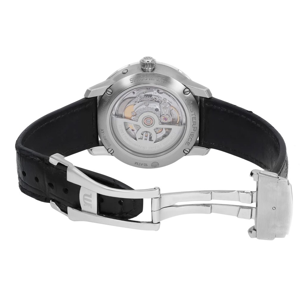 An image of a Wristwatch by Maurice Lacroix. This Pre Owned item is designed for Men, featuring a Casual style. It has a Mechanical (Automatic) movement and an Analog display with a Silver dial color. The indices include 12-Hour Dial,Roman Numerals. The band is made of Leather and the case is made of Stainless Steel. The watch has a Round shape with a case size of 43 mm and a case thickness of 14 mm.