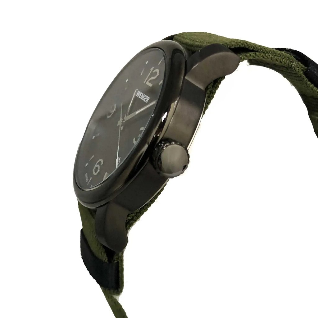 View Of Crown Facing Side Of Wenger 01.1041.130 Stainless Steel Watch Display Model Condition