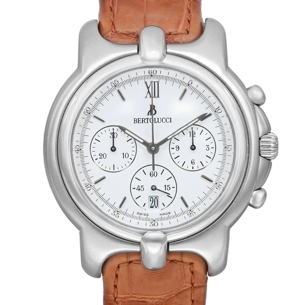 An image of a pre-owned Bertolucci men's wristwatch in good condition. The photograph is a front close-up shot showcasing the watch face at a direct angle and close distance, providing a clear view of the features. The watch has a classic style with a round stainless steel case and a stainless steel bezel. It features a white dial with steel stick indexes and Roman numerals at the 12 o'clock position, along with three sub-dials. The watch is fitted with a brown leather band. The watch is pre-owned with minor signs of wear on the band and light scratches on the case.