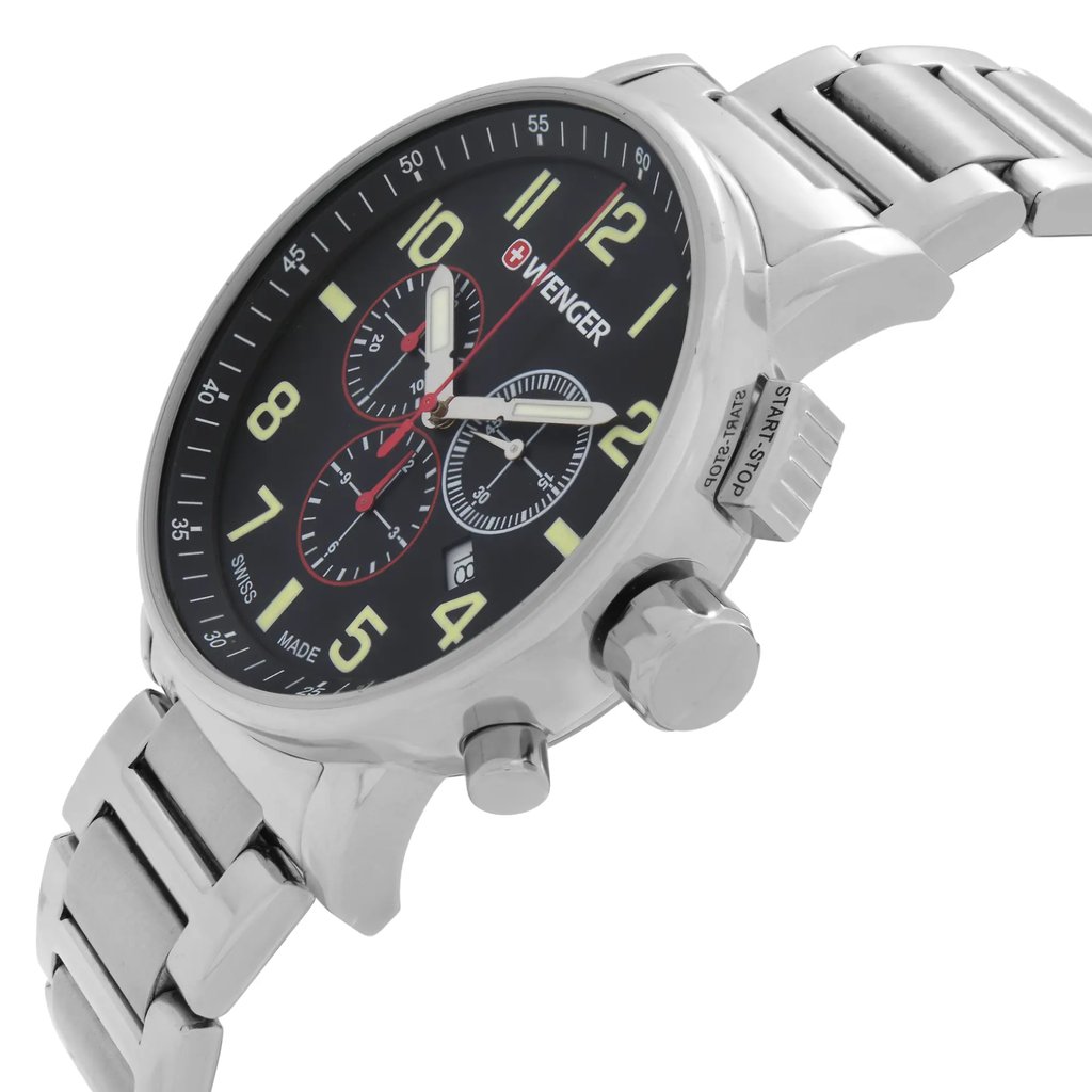 View Of Crown Facing Side Of Wenger 01.343.105 Stainless Steel Watch Display Model Condition