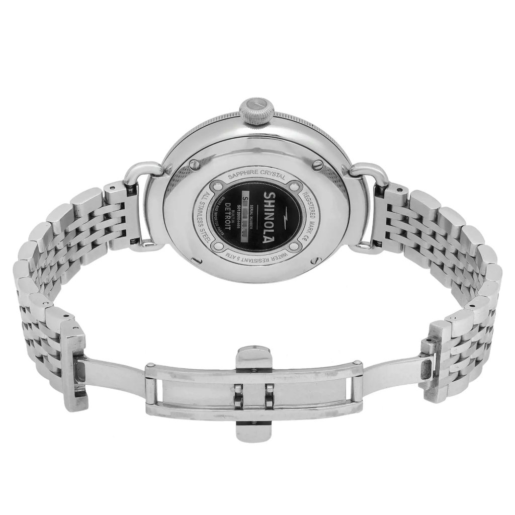 Back View Of Screwback Back Case And Open Stainless Steel Band Of Shinola S0120004466 Watch Pre Owned Condition
