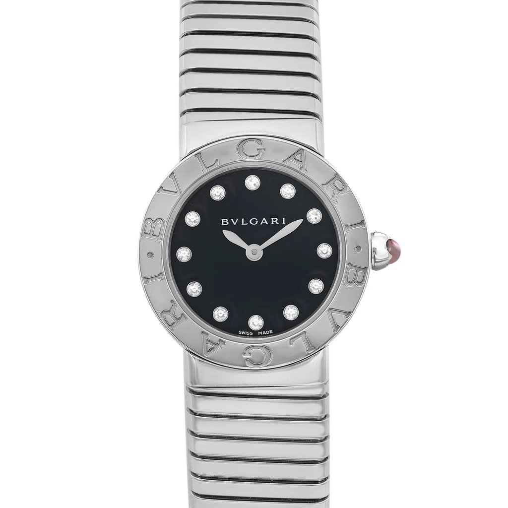 An image of a Bvlgari women's luxury wristwatch in excellent condition. The photo is a front close-up shot of the watch face, It features a black dial with a diamond pattern, diamond markers at each hour, and the brand name prominently displayed. The round case and band are made of stainless steel with a gray bezel. The watch has a 12-hour dial with sleek hands and is designed as a display model.
