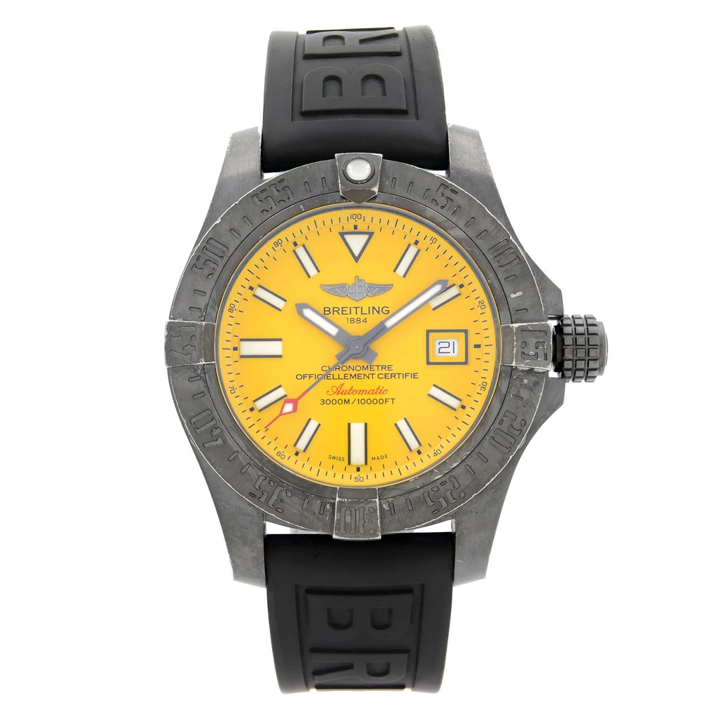 An image of a pre-owned Breitling men's diver wristwatch presented in a frontal view, centered and close-up. The watch features a round stainless steel case with visible scuffs on the edges of the lugs and the bezel. It has a vibrant yellow dial with luminous hands, a date indicator at the 3 o'clock position,  Non-numeric hour marks are present on the dial. The black rubber band shows minor wear and there are visible scuffs on the buckle. The overall condition of the watch is classified as fair.