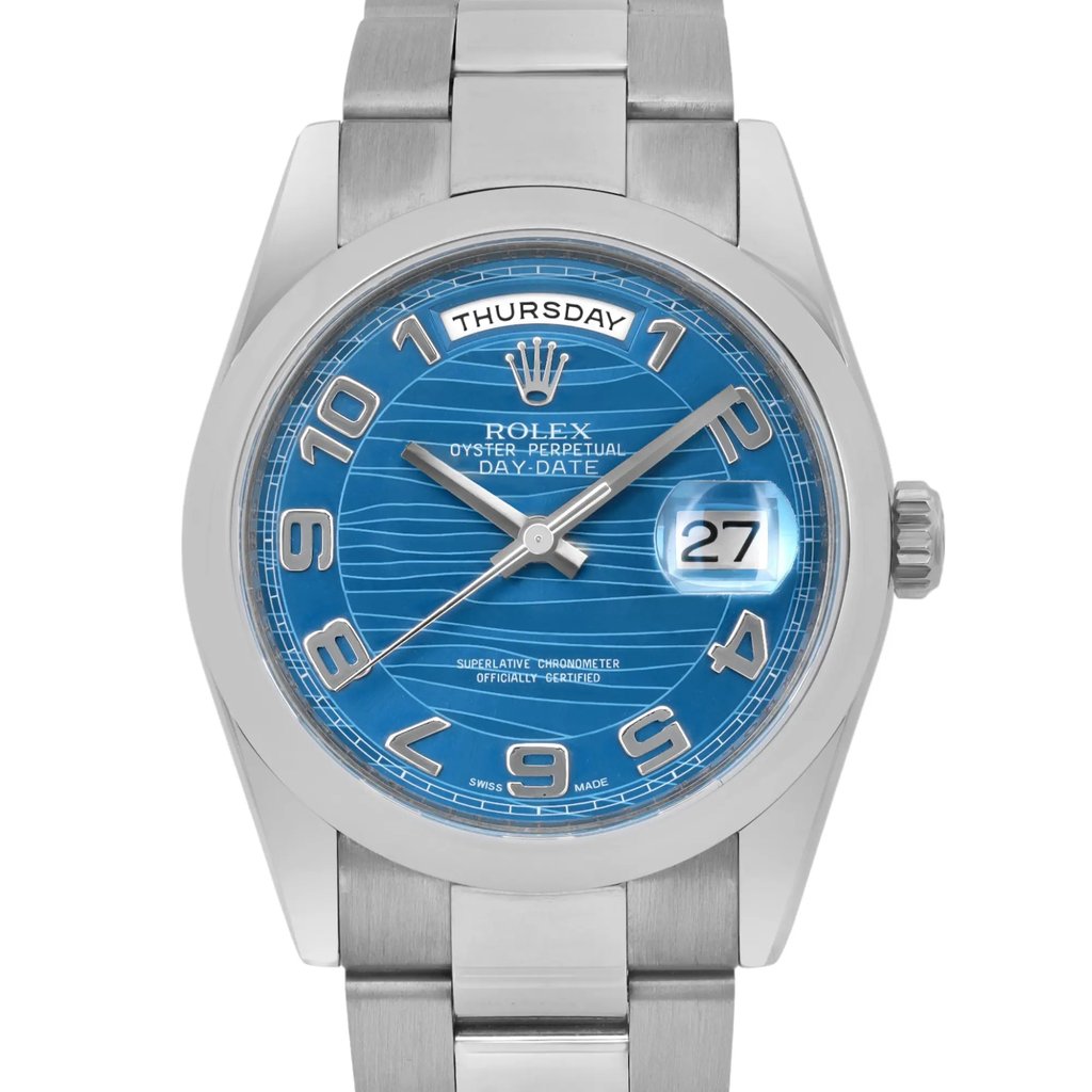 Up Close Front Facing Picture Of Rolex 118209 White Gold Watch Pre Owned Condition