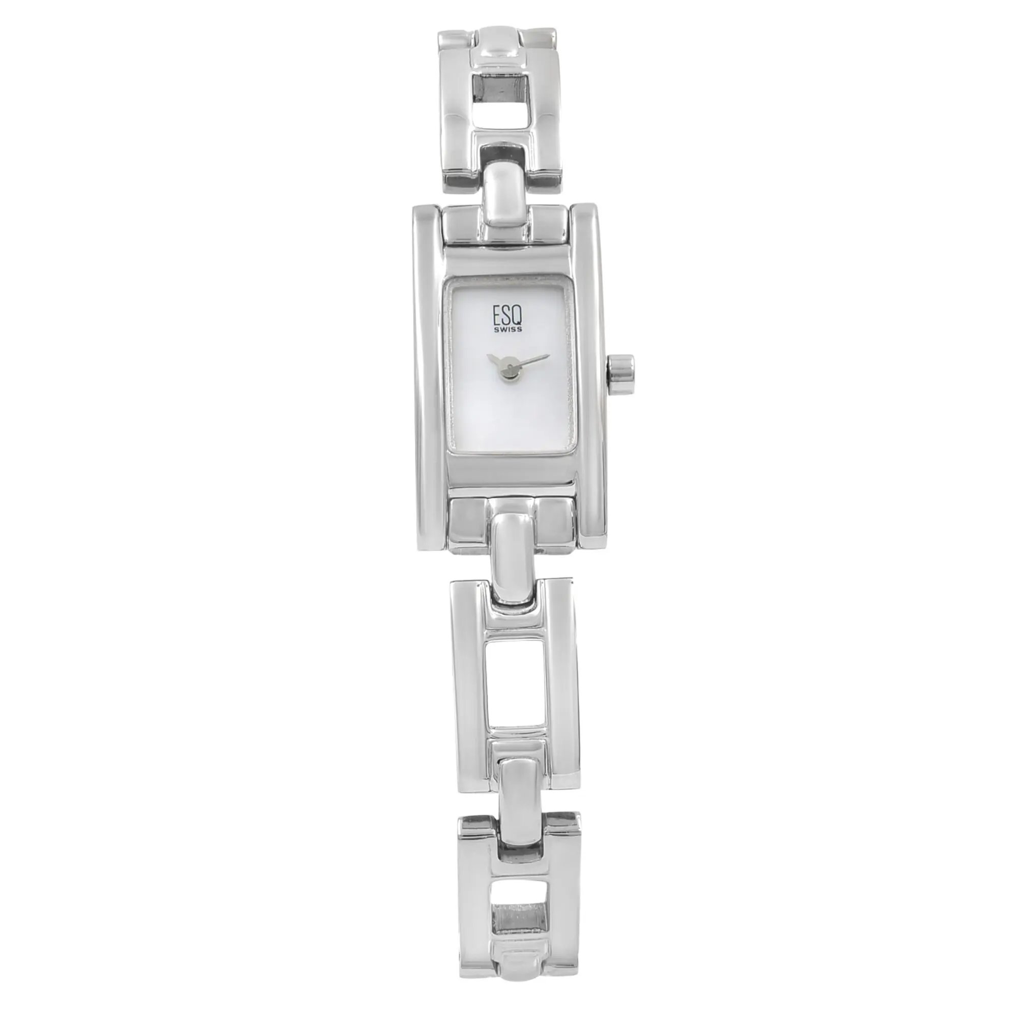 An image of a Wristwatch by ESQ. This Pre Owned item is designed for Women, featuring a Dress/Formal style. It has a Quartz movement and an Analog display with a White dial color. The indices include No Hour Marks. The band is made of Steel and the case is made of Steel. The watch has a Rectangle shape with a case size of 14 mm and a case thickness of 6 mm.