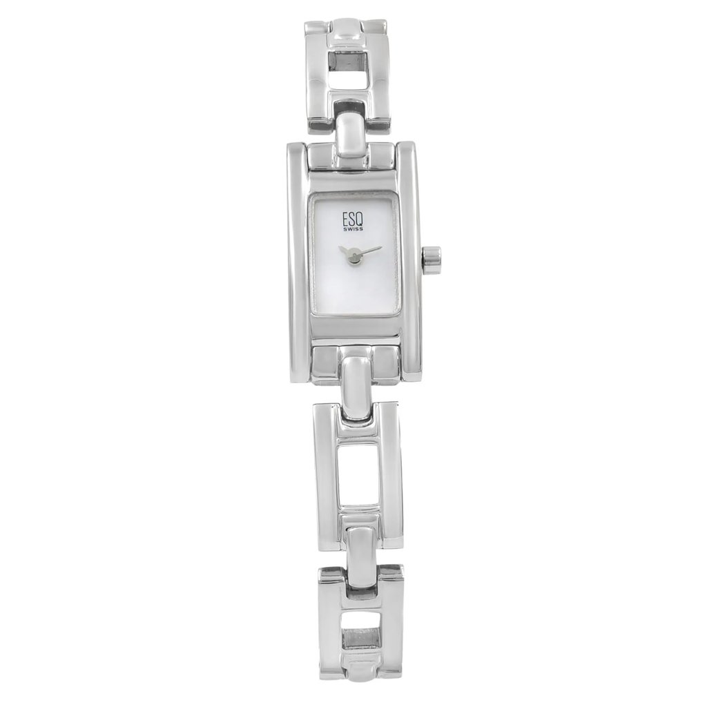 An image of a Wristwatch by ESQ. This Pre Owned item is designed for Women, featuring a Dress/Formal style. It has a Quartz movement and an Analog display with a White dial color. The indices include No Hour Marks. The band is made of Steel and the case is made of Steel. The watch has a Rectangle shape with a case size of 14 mm and a case thickness of 6 mm.