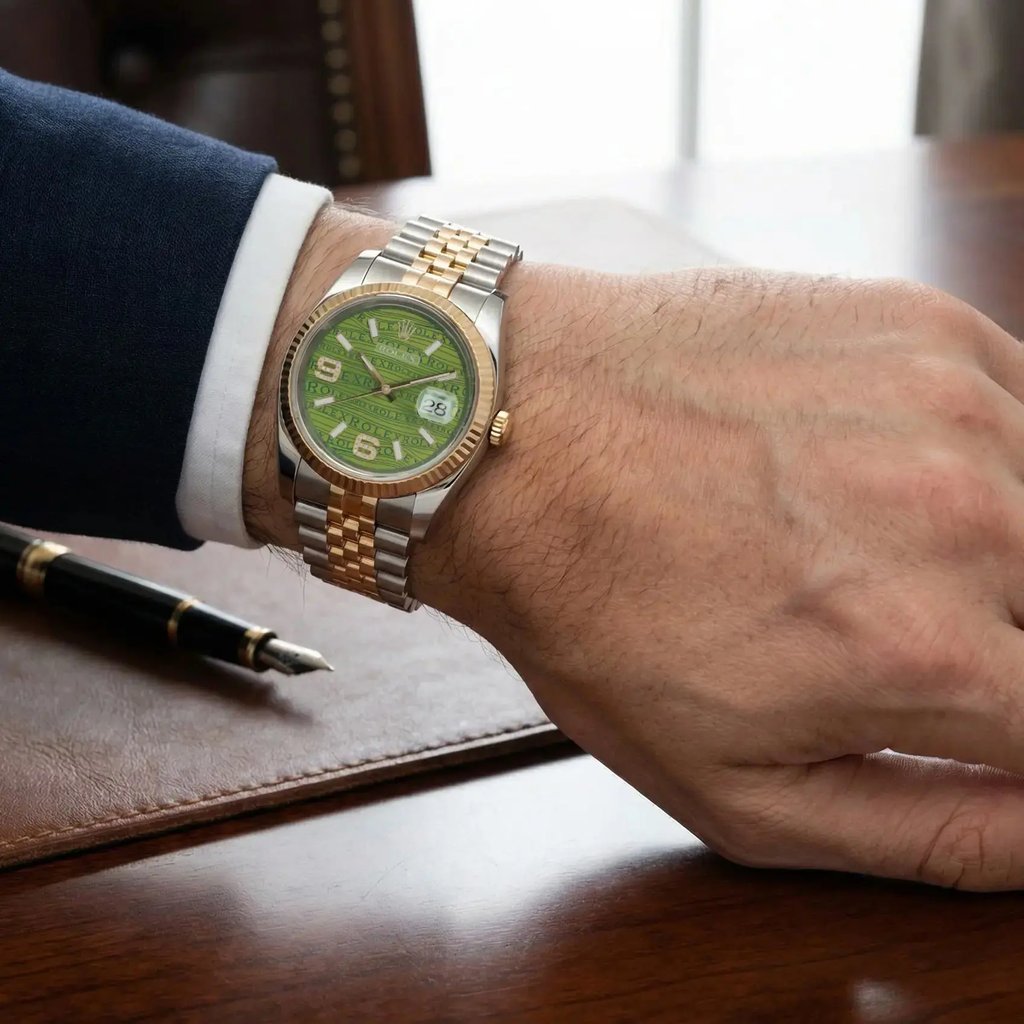 An image of a pre-owned Rolex wristwatch on an adult's wrist, positioned horizontally on a wooden desk. The watch features a green dial, date indicator, and luminous hands, with a two-tone metal bracelet. The angle is slightly from above, capturing a side view, and the distance is close enough to show fine details of the watch and the surrounding setting, including a fountain pen on the desk.
