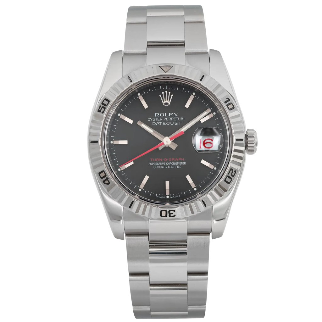 An image of a pre-owned wristwatch taken from a front full-frontal view. The watch features a metallic band and a detailed face with a date display. The angle is straight-on, capturing the entirety of the watch, and the distance is close enough to highlight the watch's intricate design and condition.
