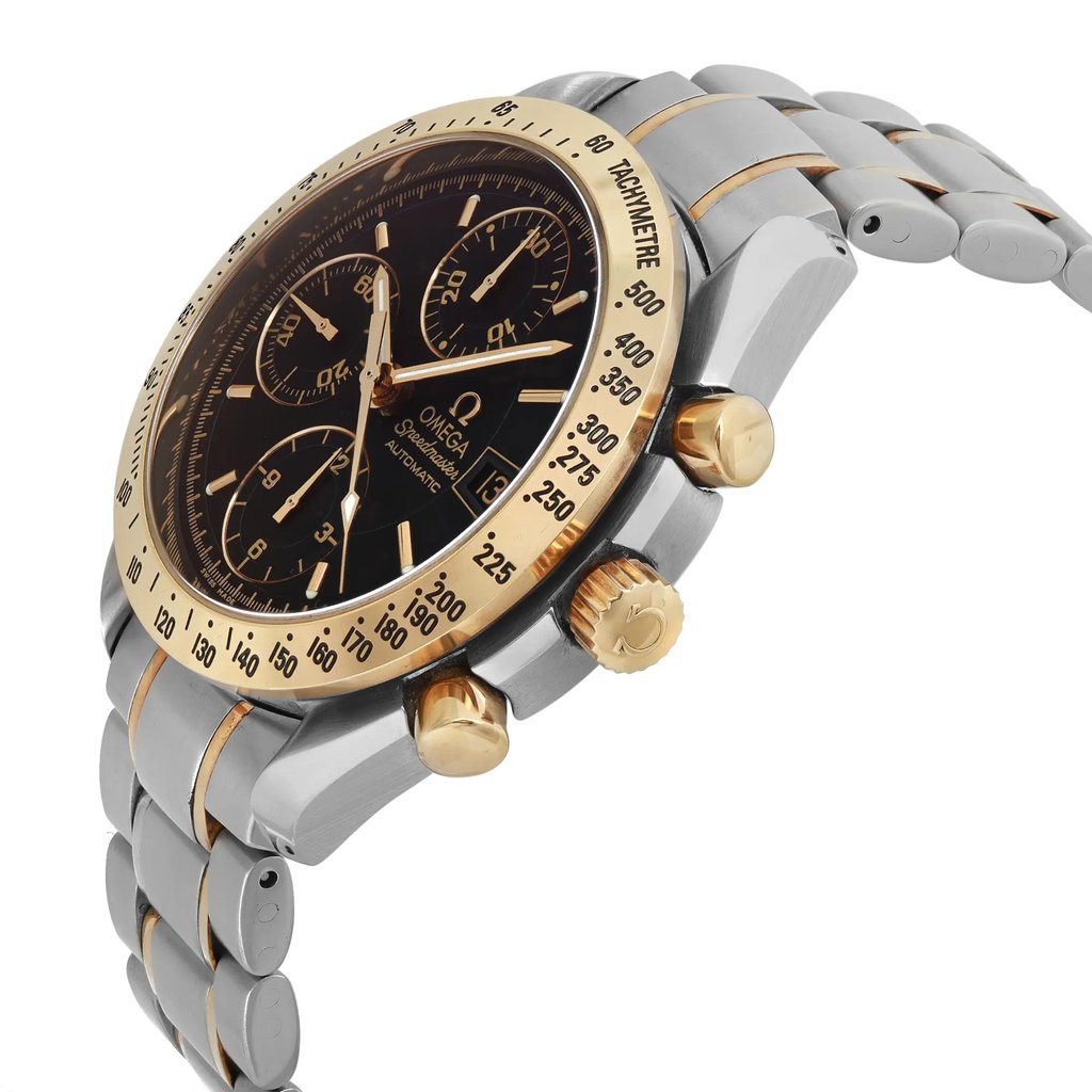 An image of a pre-owned Omega men's wristwatch taken from a side profile view, showcasing the crown. The watch has a round shape with a stainless steel case and band. The black dial features a chronograph, date indicator, luminous hands, and a small seconds subdial. The gold bezel contrasts elegantly with the stainless steel band, highlighting the casual style of the timepiece. The watch is in good condition, and the angle emphasizes its detailed craftsmanship.