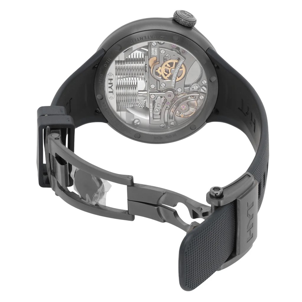 Back View Of Exhibition Back Case And Open Rubber Band Of HYT H02022-A Watch Unworn Condition