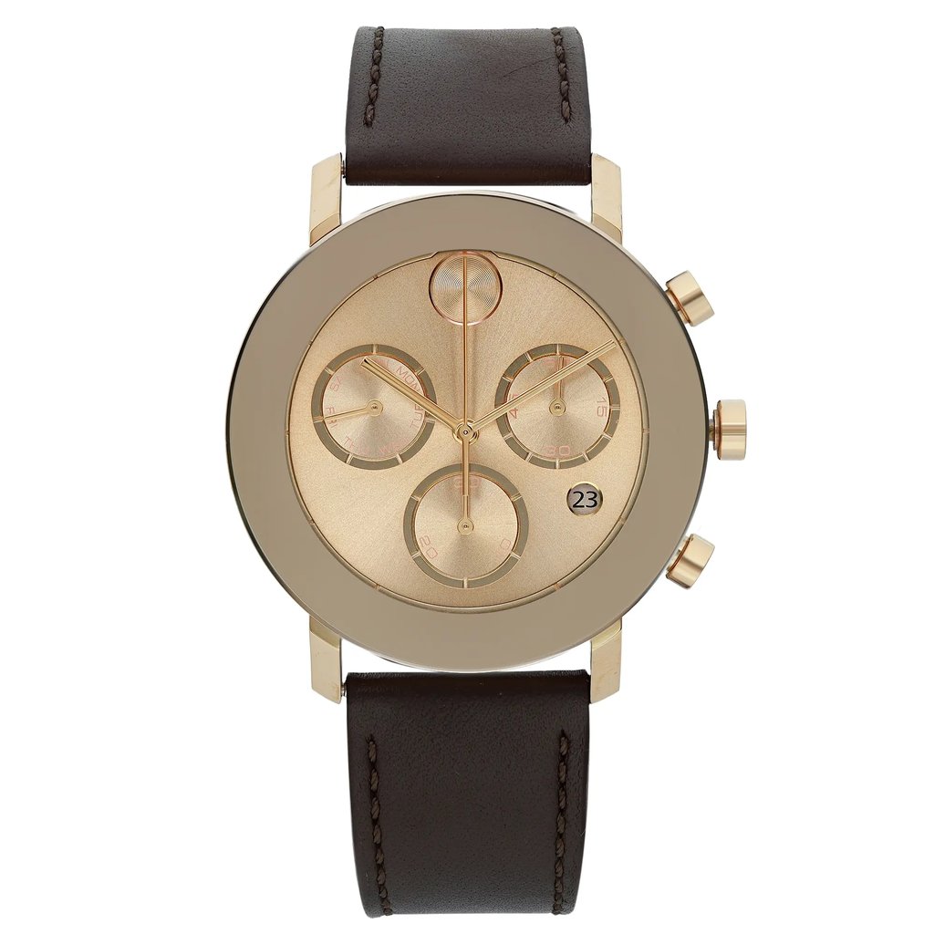 An image of a pre-owned wristwatch captured from a front full frontal view. The watch features a round gold-tone case with three sub-dials on the face and a date display at the 4 o'clock position. It has a brown leather strap and gold-tone side buttons. The watch is photographed at a close distance, showcasing its details clearly against a white background.