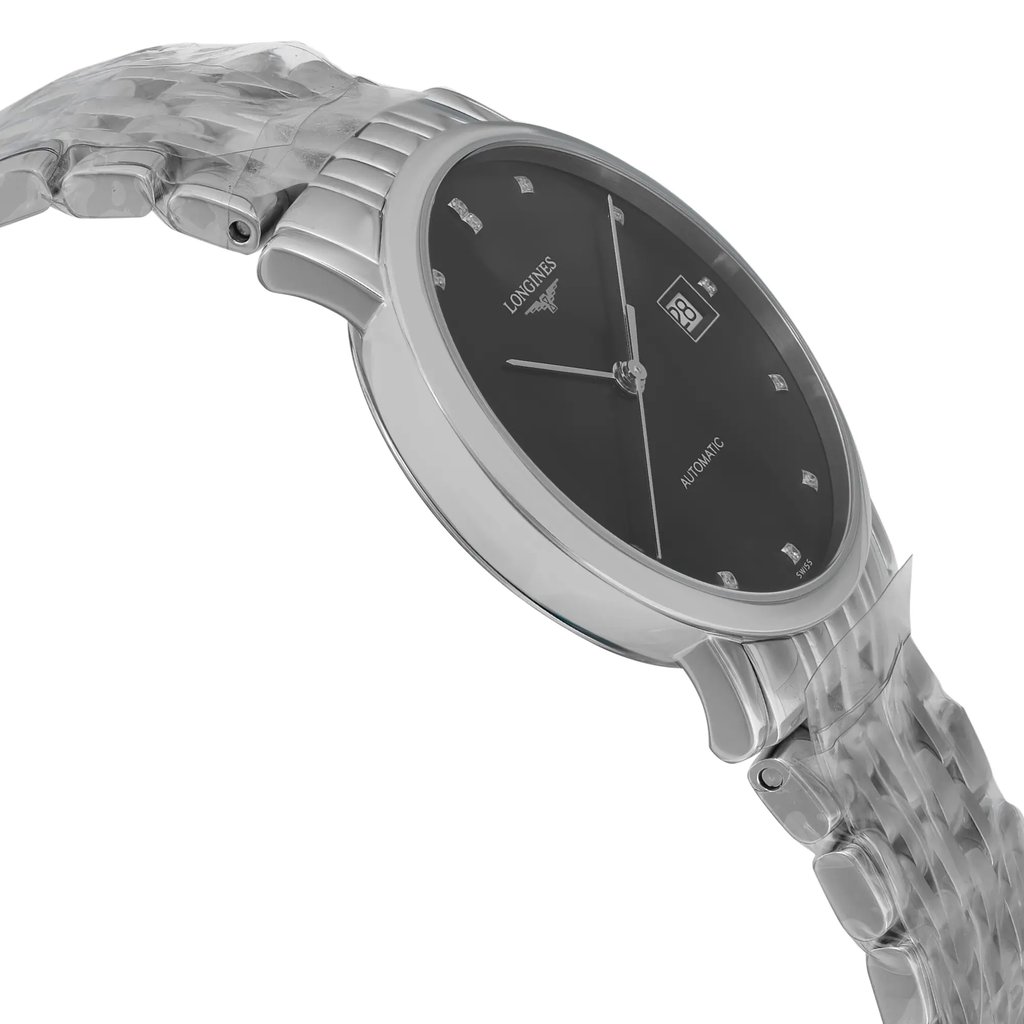 An image of an unworn Longines wristwatch for women, displayed in a side profile view opposite of the crown, at a close distance. The watch features a round, stainless steel case with a gray bezel, complemented by a black dial with a date indicator at the 3 o'clock position. It has a casual style with a stainless steel band.