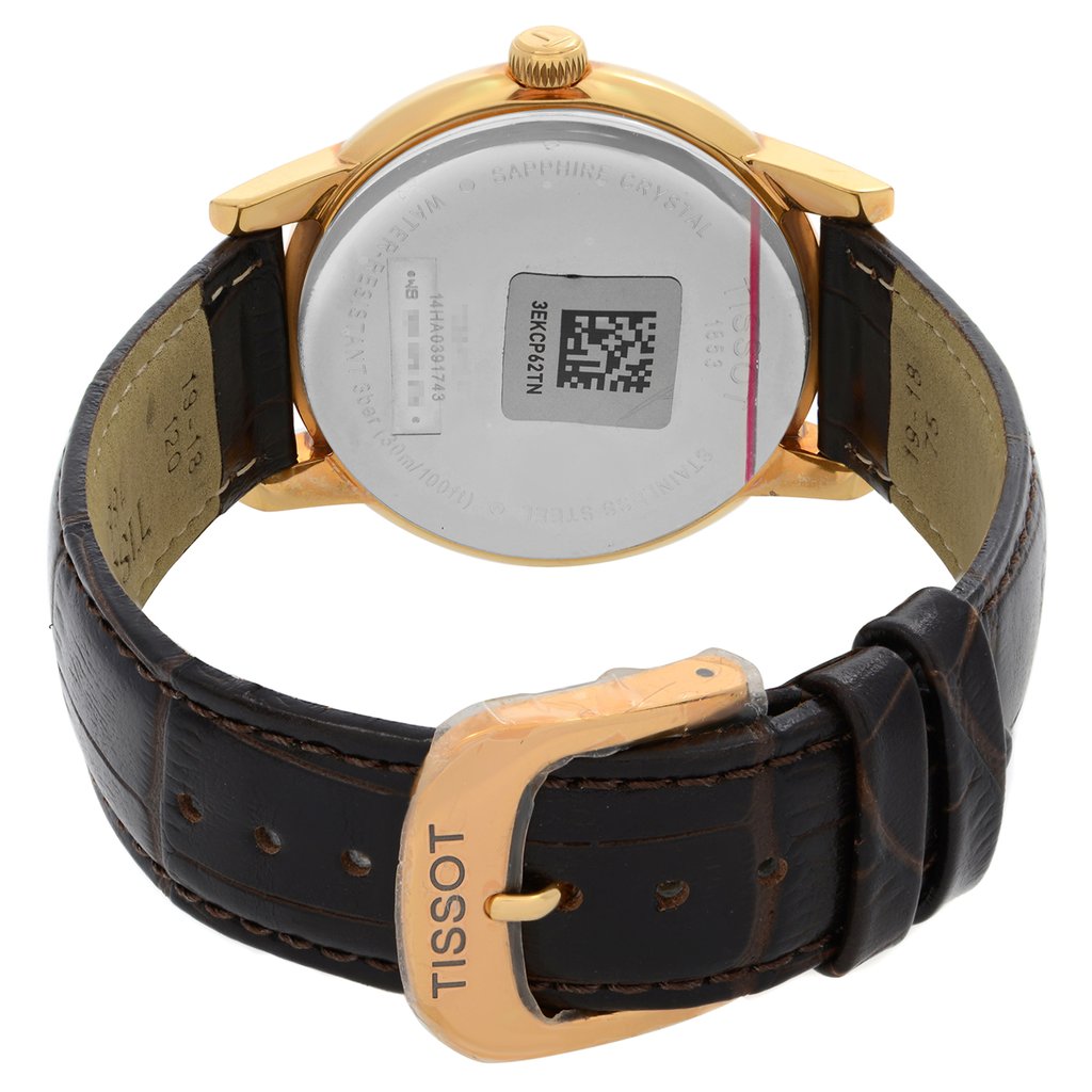 Back View Of Snap Back Case And Closed Leather Band Of Tissot T085.410.36.013.00 Watch New With Defects Condition