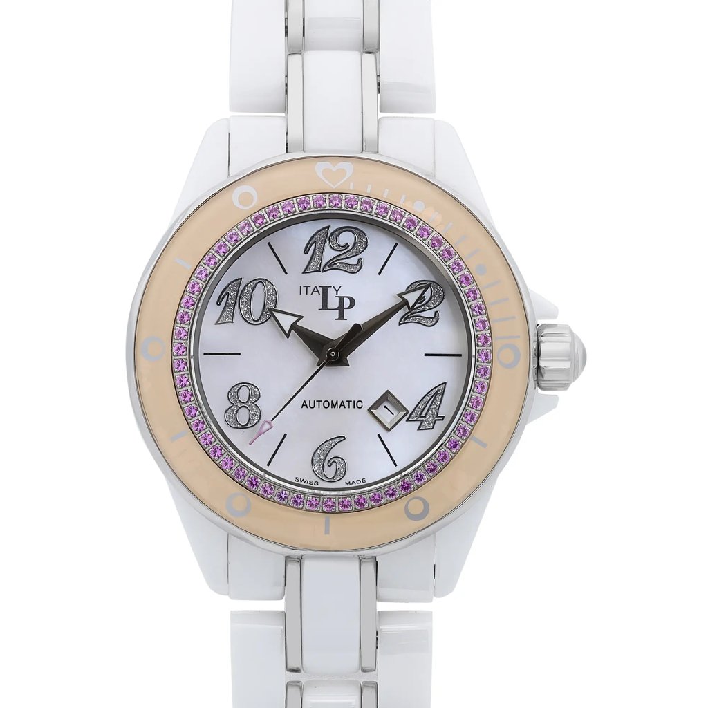An image of a new with defects Lucien Piccard women's wristwatch. The photo provides a close-up front view of the watch face, emphasizing the details of the white mother of pearl dial with Arabic numeral indices and a 12-hour display. The round case and bezel are ceramic with a beige color, and the bezel is adorned with pink gemstones. The band is made of white ceramic and stainless steel, suggesting a casual style. Note that water damage on the bezel under the insert might be visible only upon close examination and from certain angles, which is not apparent in this frontal shot. The hands of the watch are positioned in a way that indicates the time is approximately 10:10. The "Lucien Piccard" brand name and "Swiss Made" label are visible on the dial, along with the word "Automatic" indicating the watch's movement type.
