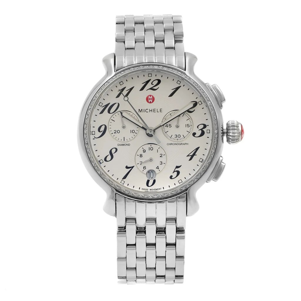 An image of a Wristwatch by MICHELE. This Pre Owned item is designed for Women, featuring a Casual style. It has a Quartz movement and an Analog display with a Silver dial color. The indices include 12-Hour Dial,Arabic Numerals,Multi Dial. The band is made of Stainless Steel and the case is made of Stainless Steel. The watch has a Round shape with a case size of 38 mm and a case thickness of 10 mm.