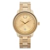 An image of a pre-owned wristwatch taken from a front full frontal view. The watch features a gold-tone case and bracelet with a simplistic dial design. The angle is straight on, capturing the face of the watch clearly, showing the hour, minute, and second hands, along with a date window at the 6 o'clock position. The distance is close enough to highlight the details of the watch face and bracelet links.