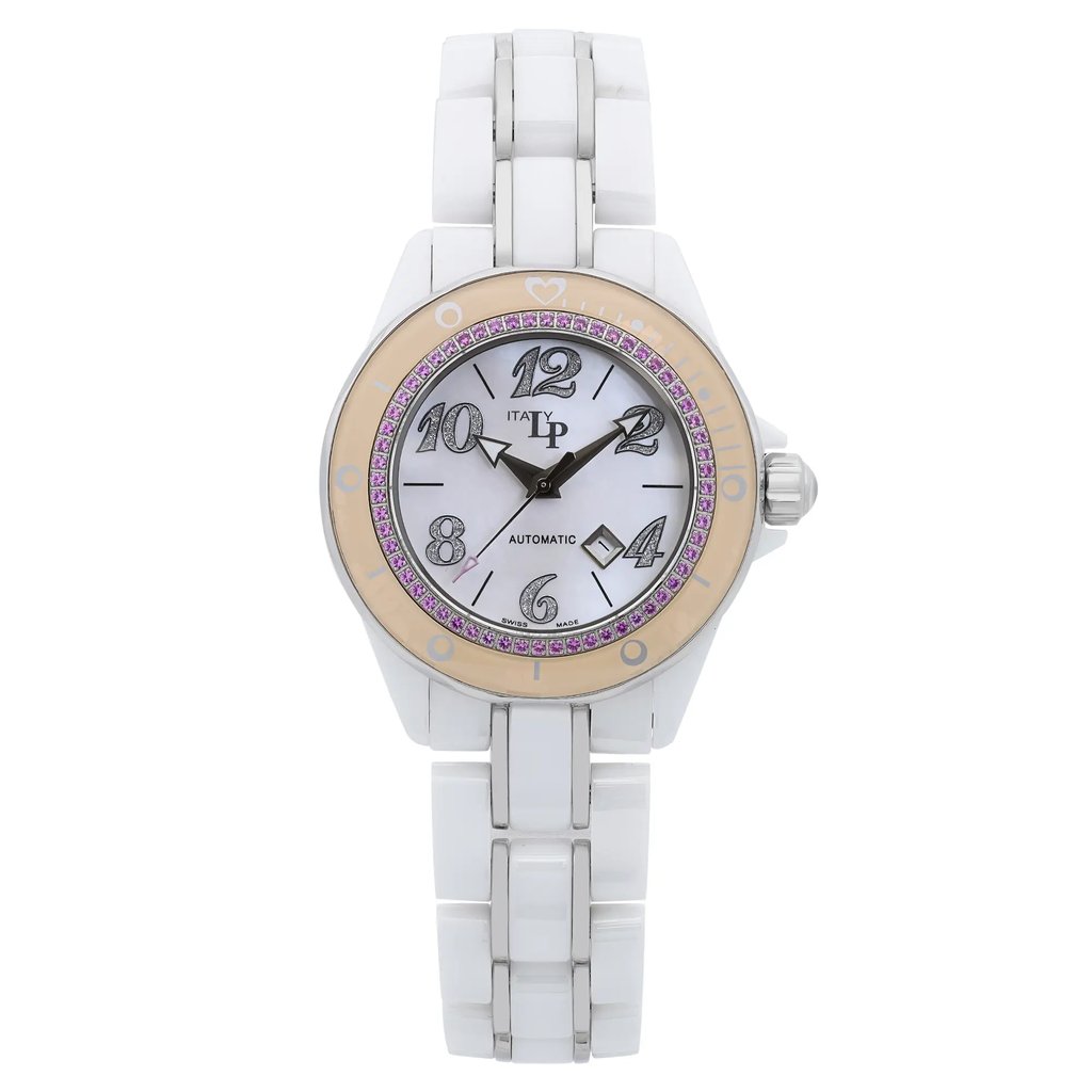 An image of a new Lucien Piccard women's wristwatch with defects, presented in a full frontal view. The watch features a round case and band made from a combination of ceramic and stainless steel, with a white dial that has a mother of pearl pattern. Arabic numerals mark the 12-hour dial, and the bezel is beige with pink accent stones. The watch is positioned straight on and photographed from a close distance, allowing for a clear view of the design details, although water damage on the bezel under the insert may not be immediately visible without closer inspection from certain angles.