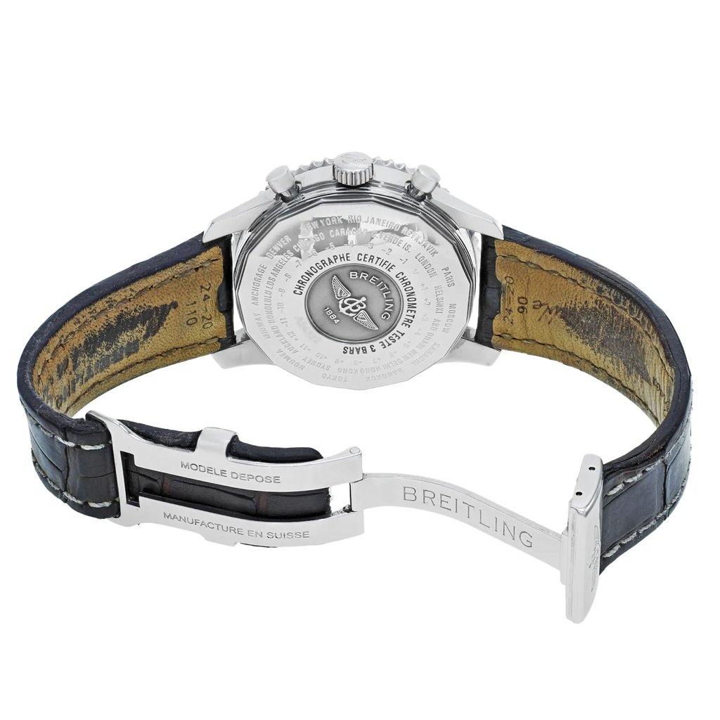 Back View Of {Caseback} Back Case And Open Leather Band Of Breitling A2432212/G571-441X Watch Pre Owned Condition