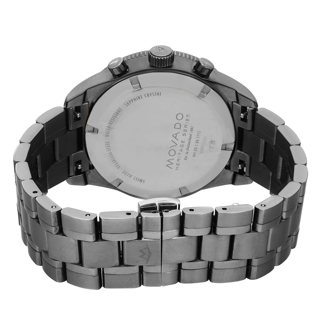 An image of a Wristwatch by Movado. This Pre Owned item is designed for Men, featuring a Casual style. It has a Quartz movement and an Analog display with a Black dial color. The indices include 12-Hour Dial,Stick Indexes. The band is made of Stainless Steel and the case is made of Stainless Steel. The watch has a Round shape with a case size of 42 mm and a case thickness of 11 mm.