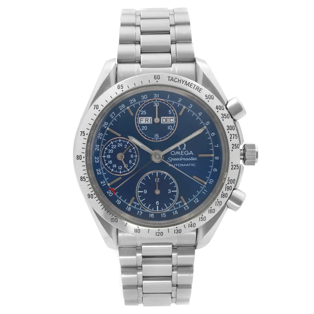 An image of a Wristwatch by OMEGA. This Pre Owned item is designed for Men, featuring a Classic style. It has a Mechanical (Automatic) movement and an Analog display with a Blue dial color. The indices include 12-Hour Dial,Multi Dial,Non-Numeric Hour Marks. The band is made of Stainless Steel and the case is made of Stainless Steel. The watch has a Round shape with a case size of 39 mm and a case thickness of 14 mm.