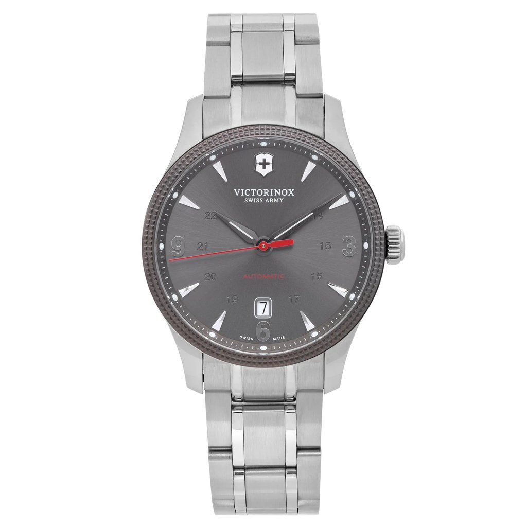 An image of a Wristwatch by Victorinox. This Display Model item is designed for Men, featuring a Casual style. It has a Mechanical (Automatic) movement and an Analog display with a Gray dial color. The indices include 12-Hour Dial,Arabic Numerals,Stick Indexes. The band is made of Stainless Steel and the case is made of Stainless Steel. The watch has a Round shape with a case size of 40 mm and a case thickness of 10 mm.
