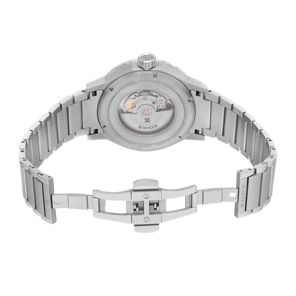 Back View Of Exhibition Back Case And Open Stainless Steel Band Of Edox 80094 3NM NO1 Watch Display Model Condition