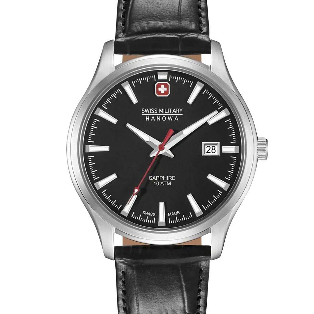 An image of a Wristwatch by Swiss Military Hanowa. This Display Model item is designed for Men, featuring a Military style. It has a Quartz movement and an Analog display with a Black dial color. The indices include 12-Hour Dial,Stick Indexes. The band is made of Leather and the case is made of Stainless Steel. The watch has a Round shape with a case size of 40 mm and a case thickness of 9 mm.