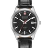 An image of a Wristwatch by Swiss Military Hanowa. This Display Model item is designed for Men, featuring a Military style. It has a Quartz movement and an Analog display with a Black dial color. The indices include 12-Hour Dial,Stick Indexes. The band is made of Leather and the case is made of Stainless Steel. The watch has a Round shape with a case size of 40 mm and a case thickness of 9 mm.