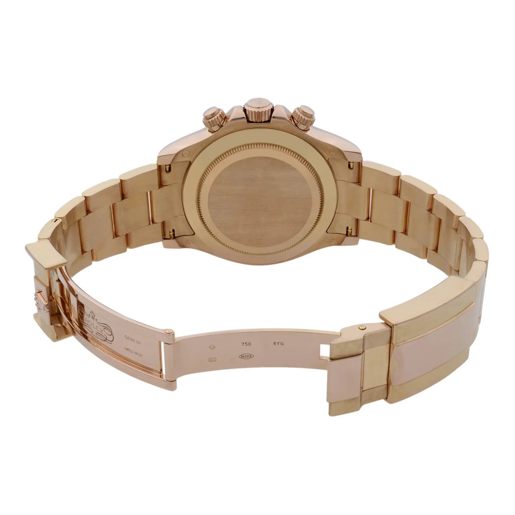 Back View Of Solid Back Case And Open Rose Gold Band Of Rolex 116505 Watch Pre Owned Condition