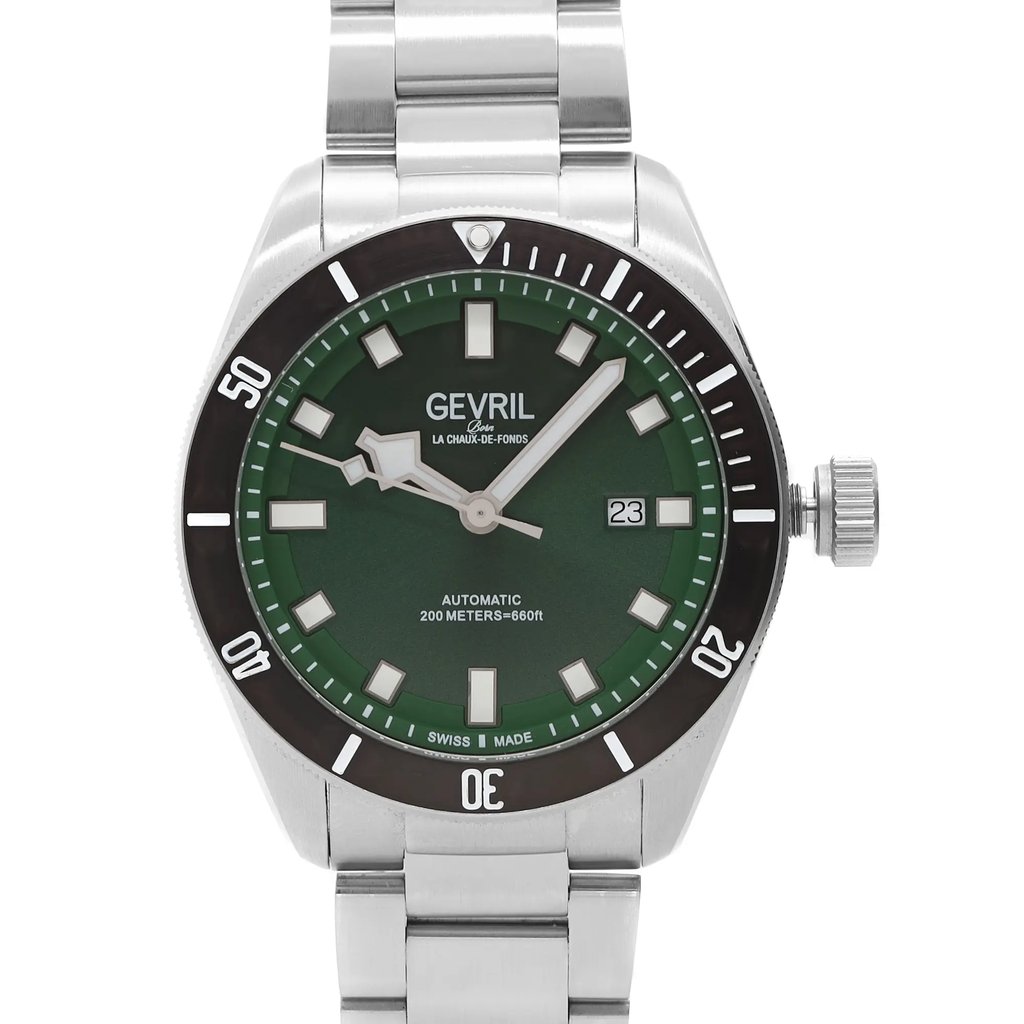 Up Close Front Facing Picture Of Gevril 48606 Stainless Steel Watch Display Model Condition