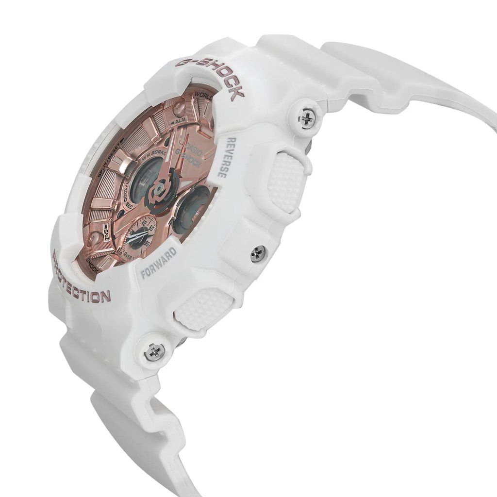 An image of a Wristwatch by Casio. This Pre Owned item is designed for Women, featuring a Sport style. It has a Quartz movement and an Analog display with a Rose Gold dial color. The indices include 12-Hour Dial,Non-Numeric Hour Marks. The band is made of Plastic and the case is made of Plastic. The watch has a Round shape with a case size of 46 mm and a case thickness of 14 mm.
