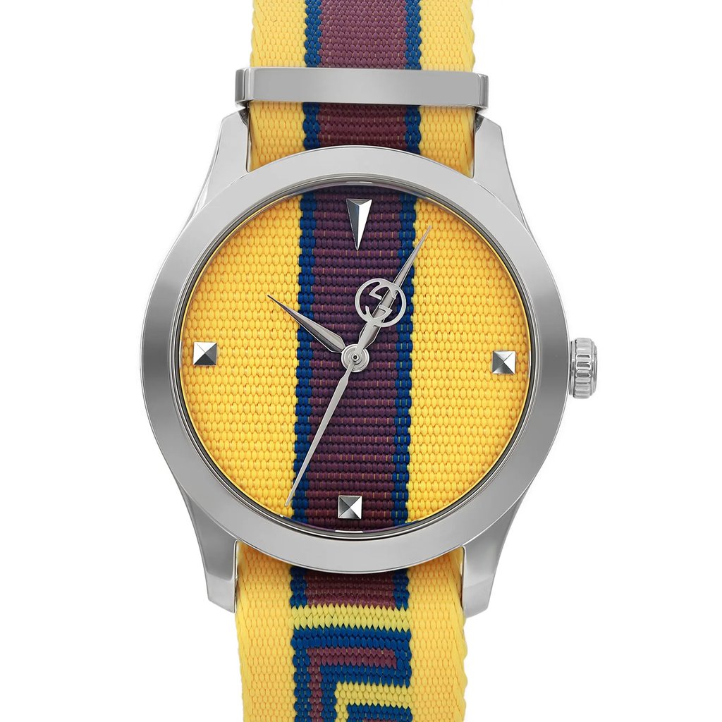 Up Close Front Facing Picture Of Gucci YA1264069 Stainless Steel Watch Unworn Condition