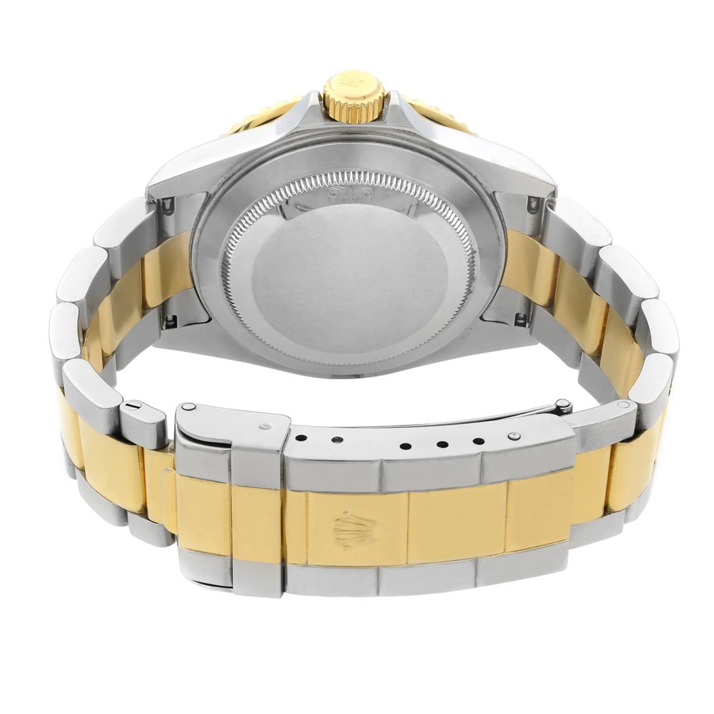 Back View Of {Caseback} Back Case And Closed Stainless and Solid Gold Band Of Rolex 16613T Watch Pre Owned Condition