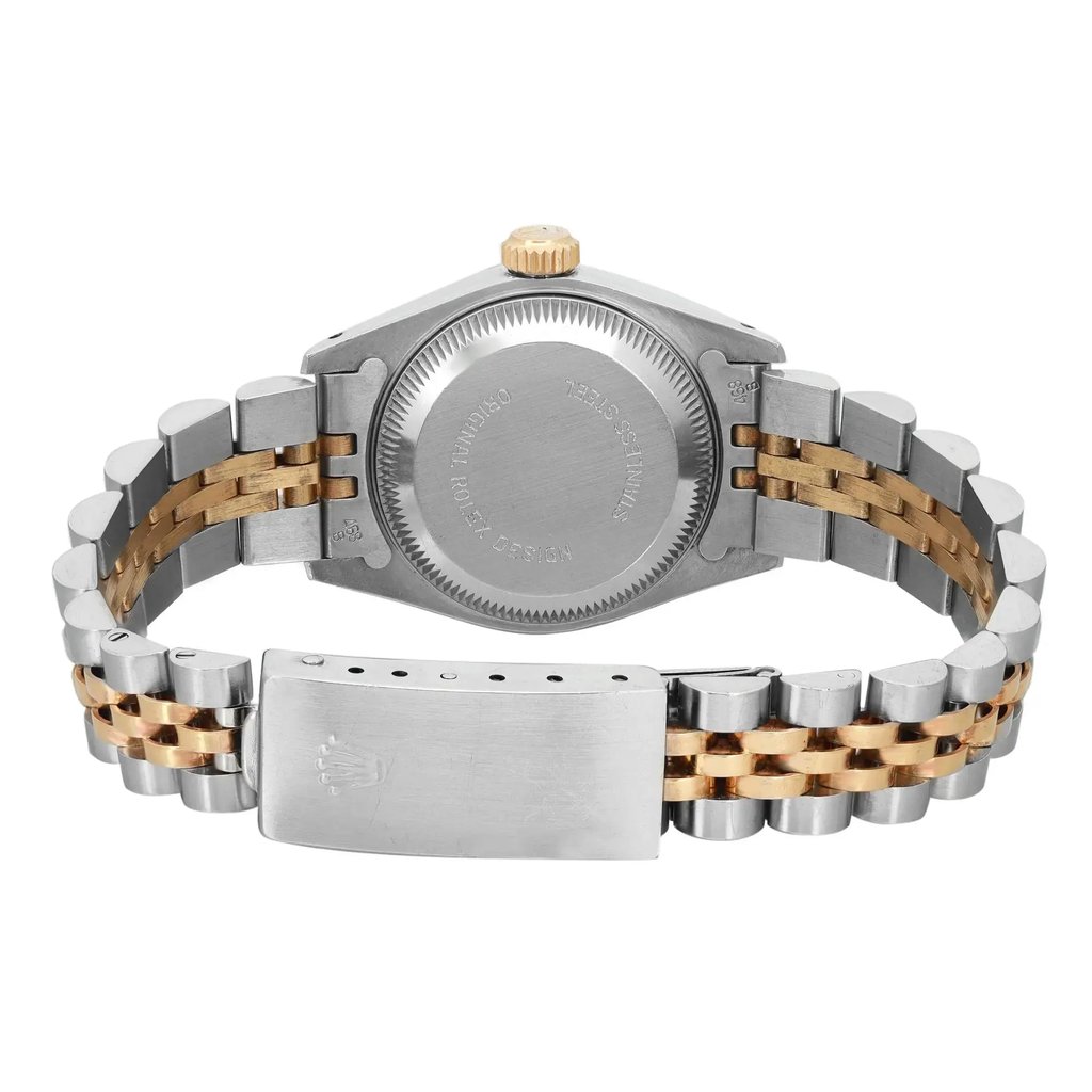 Back View Of Solid Back Case And Closed Stainless Steel Band Of Rolex 69173 Watch Pre Owned Condition