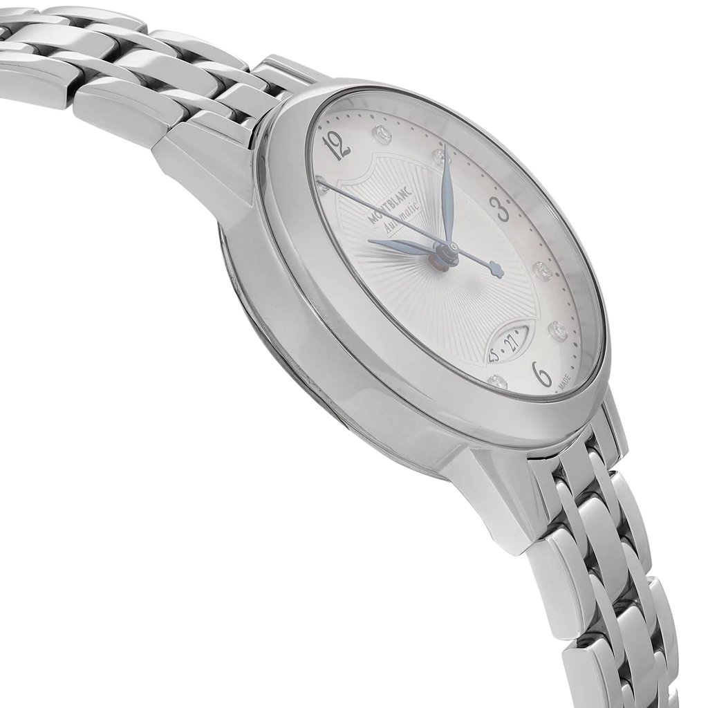 An image of a wristwatch taken from a side profile view opposite the crown. The watch features a metallic bracelet and a sleek, polished case. The angle highlights the minimalist dial with elegant hour markers and blue hands. The photo is taken from a close distance, emphasizing the watch's refined details and craftsmanship.